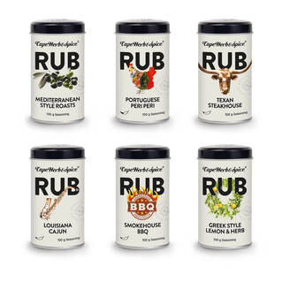 Šešių CAPE HERB & SPICE prieskonių rinkinys, apimantis Viduržemio jūros, Amerikos ir klasikinio BBQ skonio kryptis mėsai, žuviai ir daržovėms.